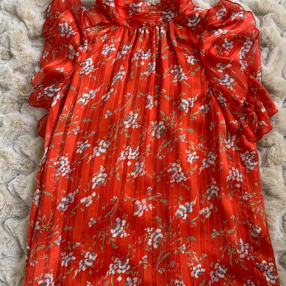 Red w/ Blue Flower short sleeve blouse, size S